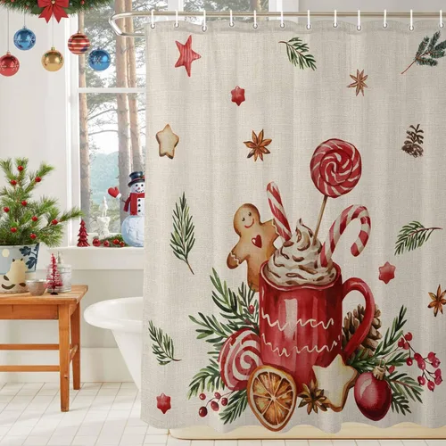 Miniatura 6 de Cortina de ducha navideña para baño, 72 x 72 pulgadas, diseño de hombre de jengibre retro, café, capuchino, cortina de ducha de lino con ganchos