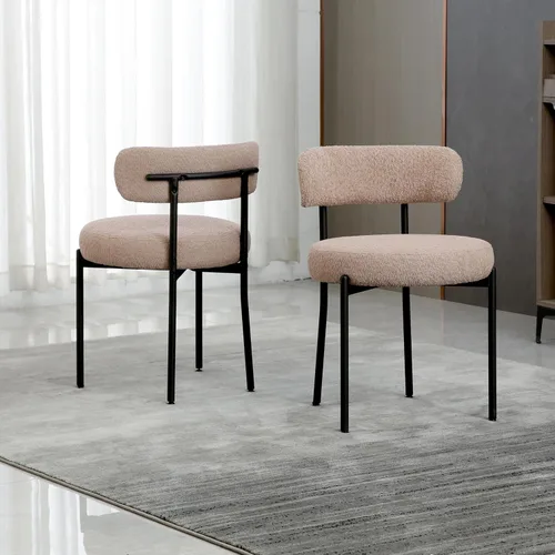 Miniatura 18 de Juego de 2 sillas de comedor negras redondas tapizadas de bouclé para el comedor, sillas de cocina modernas de mediados de siglo con respaldo curvo