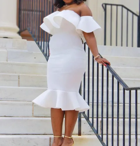 Miniatura 5 de Vestido de maternidad con volantes y hombros descubiertos para baby shower, manga corta, vestido de embarazo formal de sirena para mujer
