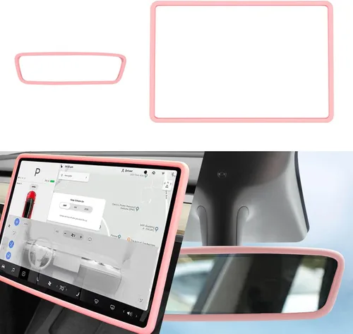 Miniatura 13 de 2 piezas marcos protectores de silicona para pantalla y espejo retrovisor para Tesla Model 3 2017-2023 y Model Y 2019-Feb.2025. (Blanco)