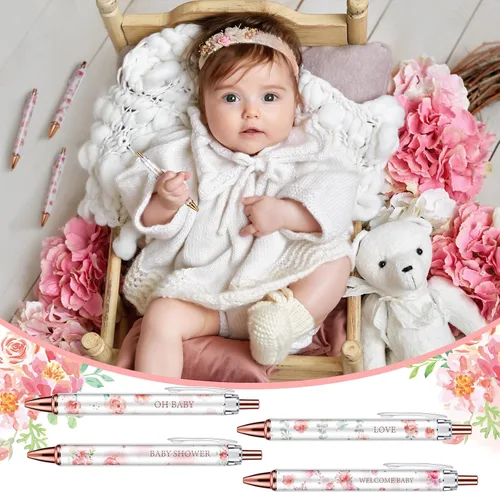 Miniatura 6 de Chuangdi 24 Piezas Bolígrafos Florales para Baby Shower Favores a Granel Bolígrafos Retráctiles Tinta Negra con Regalos para Invitados Suministros