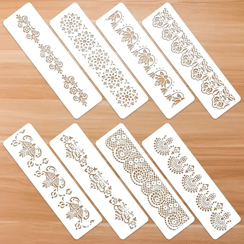 Prasacco Plantillas de borde de flores de 8 piezas, plantillas de mandala ornamentadas para pintar sobre madera, lienzo, papel, tela, pastel, pared