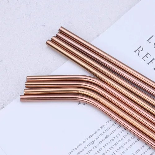 Miniatura 6 de 18 popotes de acero inoxidable de cobre, popotes reutilizables de oro rosa de 8.5 pulgadas, con bolsa portátil (8 rectos/8 doblados/2 cepillos)
