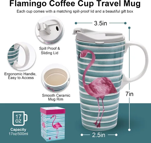 Miniatura 2 de Topadorn Taza de viaje de cerámica de 17 onzas con tapa, taza de café flamenco, a prueba de derrames, apta para microondas y lavavajillas, diseño