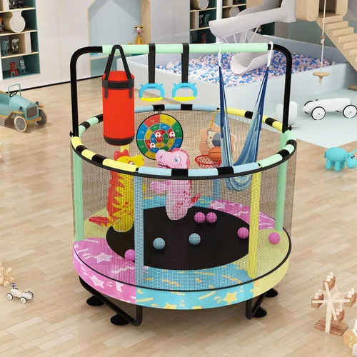 Miniatura 9 de Lamerge Kids Trampoline, Toddler Bouncing Trampoline with Safety Enclosure Net, ASTM-Approved, 500lbs Capacity, Ages 1-8, Adjustable Handrail