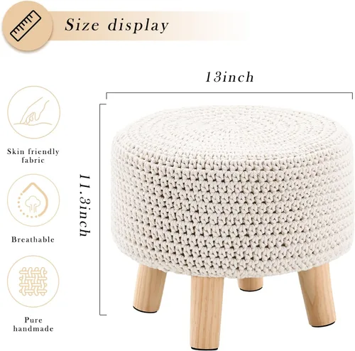 Miniatura 3 de Taburete otomano redondo de punto de algodón moderno reposapiés otomano con patas de madera antideslizantes para sala de estar, dormitorio