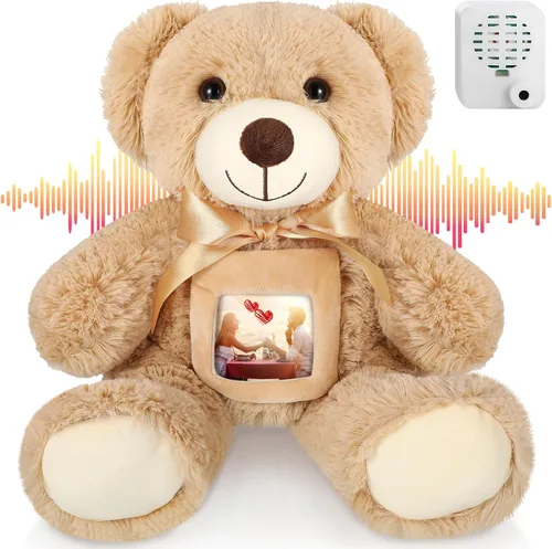 Libima Oso de recuerdo de 14 pulgadas con grabadora de voz, juguete de peluche suave con un marco de fotos, abrazos, regalo conmemorativo para baby