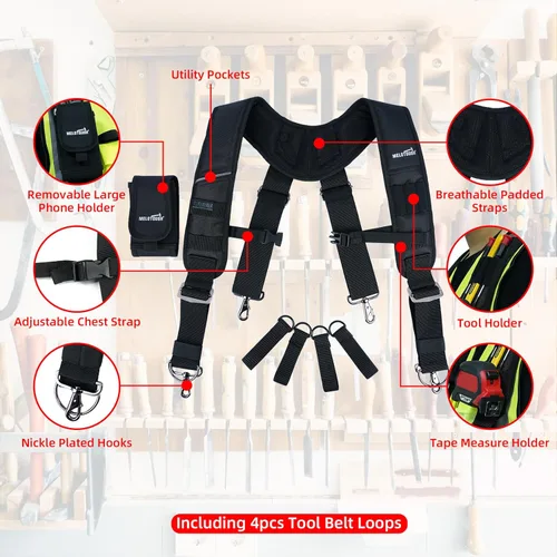 Miniatura 2 de MELOTOUGH Tirantes para cinturón de herramientas, tirantes de bolsa de construcción, correas de trabajo acolchadas resistentes