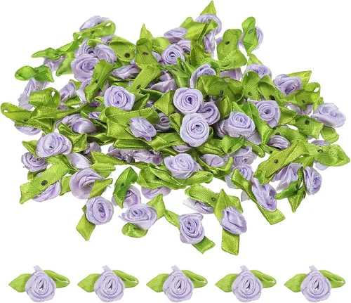 Miniatura 7 de PATIKIL Mini rosas de cinta, 200 unidades, pequeñas flores de tela de satén con adornos de hojas verdes, rosetas para manualidades, costura, boda