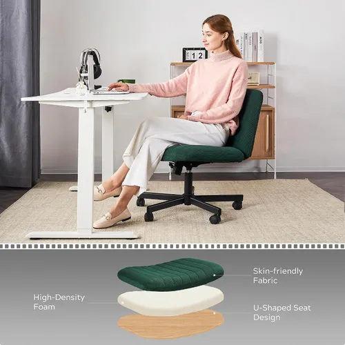 Miniatura 7 de EYYTHUNG Silla cruzada verde sin ruedas, asiento ancho sin brazos, silla de oficina giratoria de terciopelo acolchado para niñas