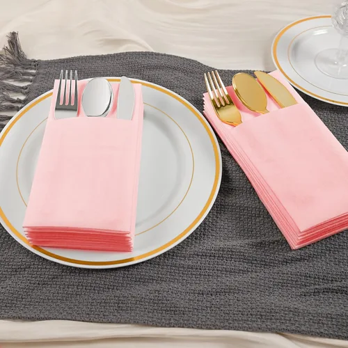 Miniatura 5 de Servilletas desechables de color rosa, paquete de 50 servilletas de papel de tacto de lino con bolsillo integrado para cubiertos, tela preplegada