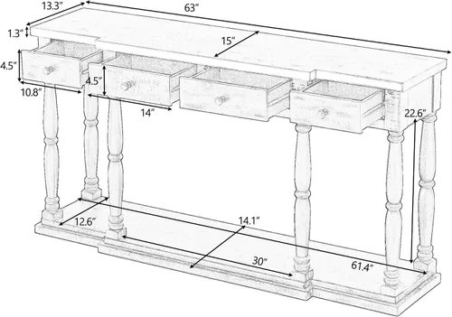 Miniatura 2 de Mesa de consola grande retro de 63 pulgadas, aparador de madera con 4 cajones de almacenamiento y 1 estante, armario de almacenamiento de buffet