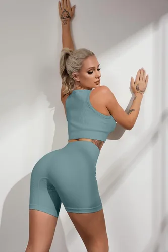 Miniatura 6 de QINSEN Conjuntos de entrenamiento sin costuras para mujer, brasier deportivo acanalado de cintura alta, pantalones cortos para correr, gimnasio