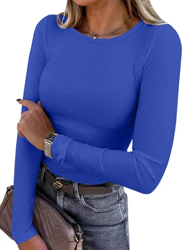 Miniatura 11 de ANRABESS - Camisetas de manga larga para mujer, de punto acanalado, ajustadas, básicas, 2025, informales, para usar a capas o debajo del uniforme