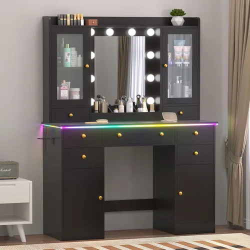 Miniatura 10 de Escritorio de maquillaje con espejo y luces, tocador negro de 43 pulgadas con parte superior de cristal, almacenamiento de joyas, 3 cajones