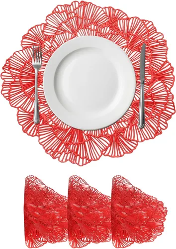 uxcell Juego de 4 manteles individuales redondos de flores rojas para mesas de cena, manteles individuales metálicos de polivinilo prensado,