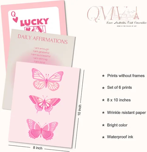 Miniatura 6 de QMV 6 piezas de arte de pared rosa preppy de póquer Halo Digital Room Póster estético mariposa sonriente y2k retro moda estilo universitario