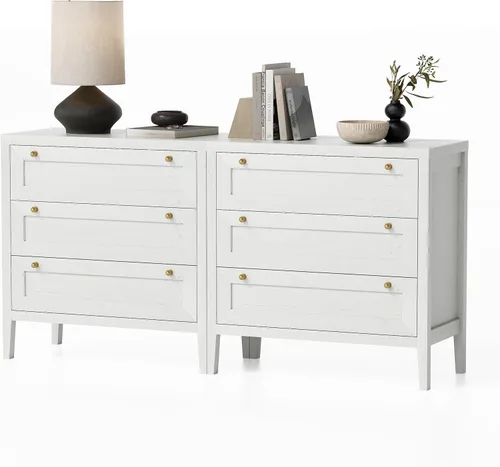Miniatura 8 de 3 Drawers Dresser Set of 2 for Bedroom, Farmhouse Closet Storage Organizer with Golden Handles, Wooden Nightstand End Table for Living Room