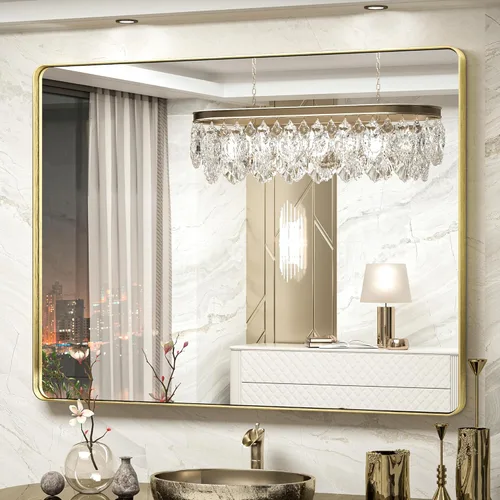 Miniatura 34 de TokeShimi Espejo redondo dorado de 36 pulgadas, espejo redondo de baño para pared con aleación de aluminio antioxidante, marco de metal dorado Oro