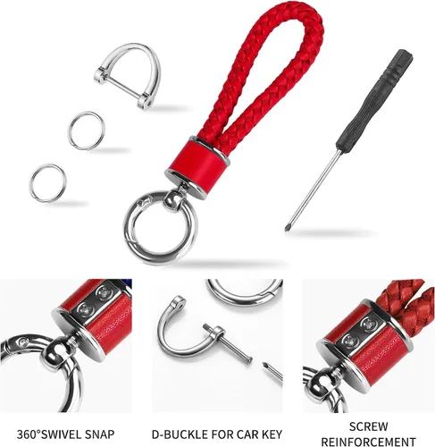 Miniatura 4 de Tukellen Llavero de tejido de cuero para automóvil, llavero de regalo para mujer, con anillo en D giratorio de 360 grados y destornillador, Rojo