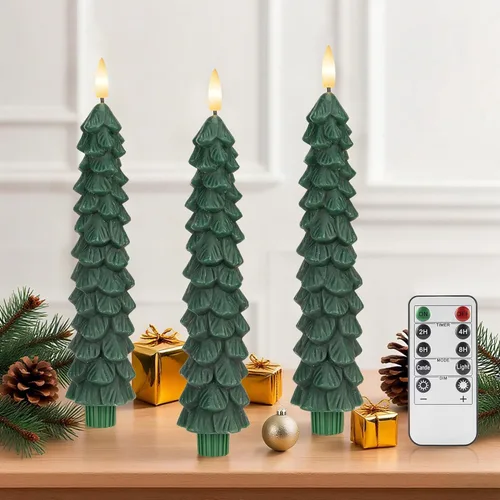 Miniatura 10 de Velas de árbol de Navidad sin llama con control remoto, vela LED de llama parpadeante de 3D operada por batería con cadena de luz estrellada, velas