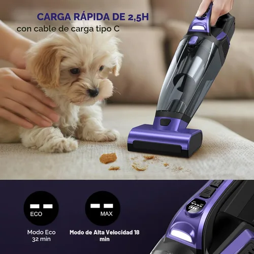 Miniatura 5 de Aspiradora de mano de pelo de mascotas sin cable: aspiradora de coche de alta potencia de 20000 PA con cepillo motorizado y luz LED, aspiradora