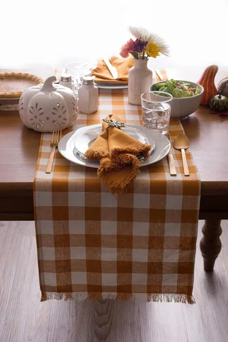 Miniatura 8 de DII - Colección de mesa con flecos pesados y cuadros, camino de mesa, 14x72 pulgadas, calabaza y especias Naranja