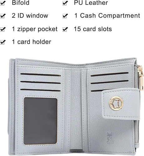 Miniatura 4 de FOXLOVER Cartera pequeña de piel suave para mujer, con bloqueo RFID, bolsillo con cremallera, tarjetero, con ventana de identificación