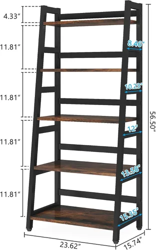 Miniatura 2 de Tribesigns Estantería industrial de 5 niveles, estante de 5 estantes, escalera, estante de almacenamiento para libros, organizador para sala