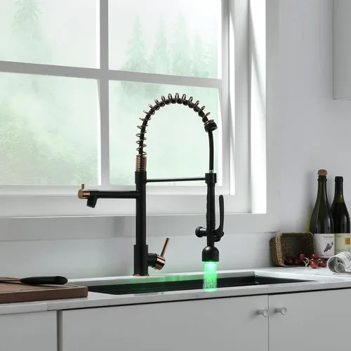 Miniatura 8 de Fapully - Grifo de fregadero de cocina comercial de una manija con rociador extraíble negro y oro rosa con luz LED