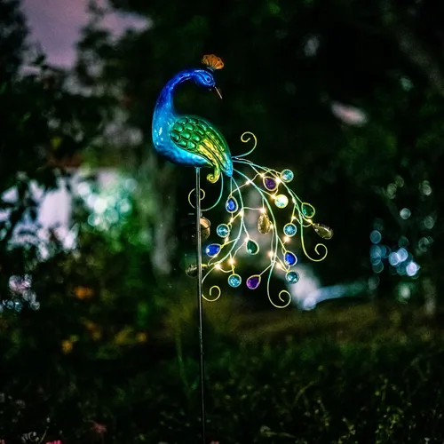 Miniatura 7 de DREAMSOUL Estacas de luz solar de jardín de pavo real de metal al aire libre decorativas - Luz de camino LED solar impermeable de pavo real
