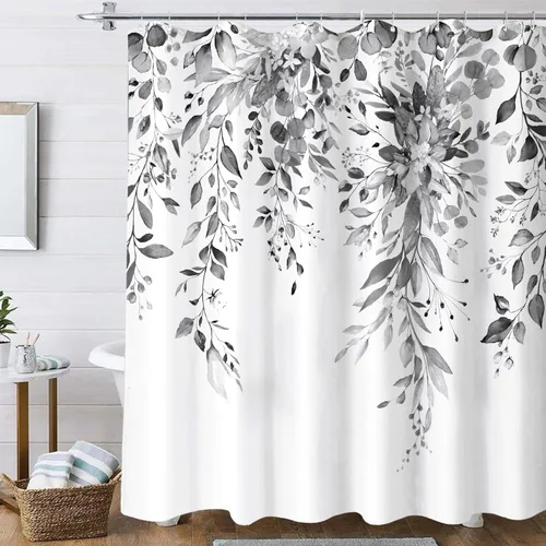 Miniatura 2 de Cortina de ducha extra larga de eucalipto gris y blanco de 84 pulgadas, cortinas de ducha de hojas florales grises para baño, cortina de baño
