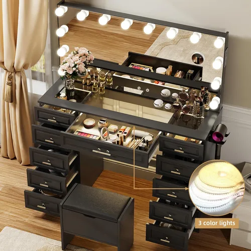 Miniatura 5 de VOWNER Tocador con espejo iluminado, escritorio de maquillaje con parte superior de cristal con altavoz Bluetooth, 14 luces y 11 cajones, 3 modos