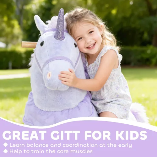 Miniatura 6 de Qaba Caballo de montar para niños de 4 a 7 años, unicornio de felpa de 37.8 pulgadas de altura, animal caballo que camina con ruedas rodantes