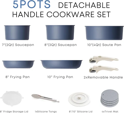 Miniatura 7 de Caannasweis Juego de utensilios de cocina antiadherentes desmontables, ollas y sartenes de inducción apilables con asas extraíbles, aptos