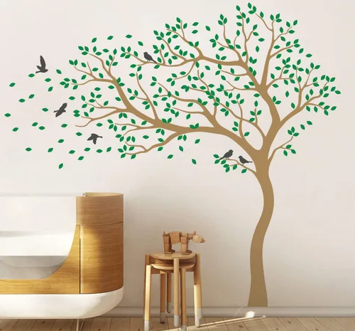 Miniatura 3 de Vinilo decorativo para pared de árbol grande con pájaros y hojas que soplan en el viento, adhesivo mural de bosque