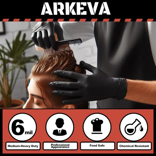 Miniatura 4 de ARKEVA Guantes desechables de nitrilo negro de 6 mil. Resistencia química, resistencia al desgarro, sin látex ni polvo