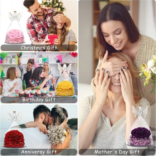 Miniatura 9 de Regalo de rosa para el día de la madre, rosa real preservada en figura de ángel de cristal grande, regalos de rosas para mujeres, regalo de flores