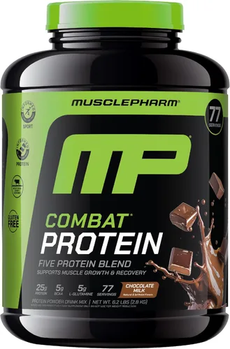 MusclePharm - Proteína en polvo de combate, sabor a leche de chocolate, alimenta los músculos para entrenamientos productivos, 5 fuentes de