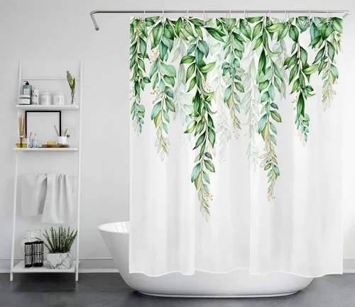 Miniatura 12 de LB Cortina de ducha de hojas verdes azules para baño, hojas botánicas de primavera con flores moradas sobre fondo blanco, acuarela, tela