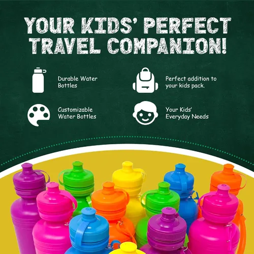 Miniatura 4 de Podzly Botellas de agua a granel para niños, paquete de 12 – Botellas de agua de plástico neón de 18 onzas a granel – Botellas deportivas