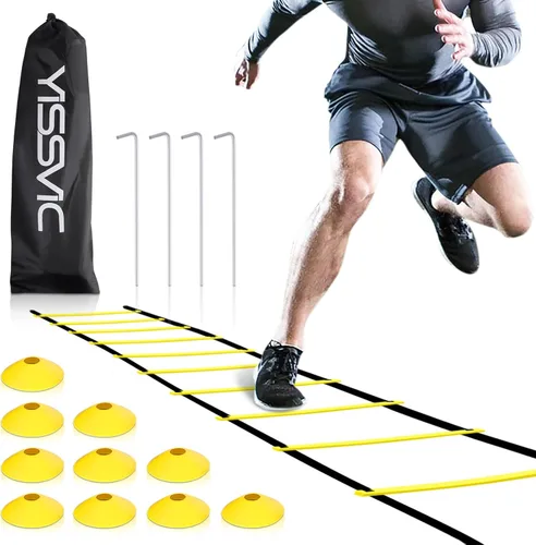 Miniatura 10 de YISSVIC Escalera de agilidad y conos de 20 pies, 12 peldaños ajustables, equipo de entrenamiento de velocidad, 1 bolsa de transporte, 10 conos, 4
