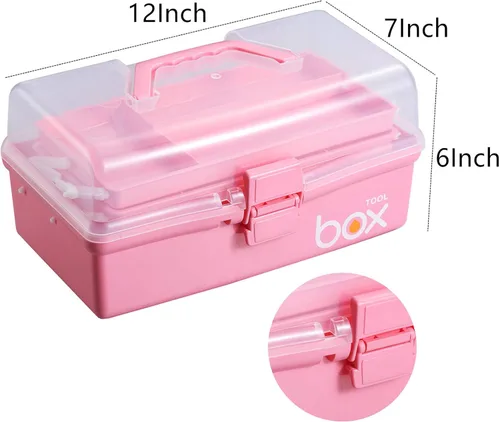 Miniatura 2 de Kinsorcai Caja de almacenamiento de plástico transparente de tres capas de 12 pulgadas con asa, caja de herramientas para manualidades, caja de Rosa