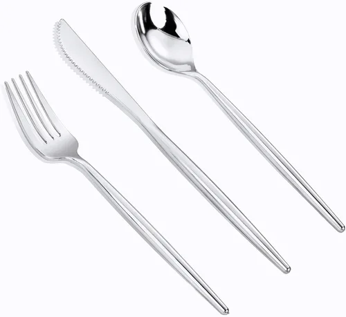 Miniatura 14 de MirthMood - 36 cubiertos de plástico dorados, cubiertos dorados desechables, utensilios desechables resistentes, juego de cubiertos de plástico