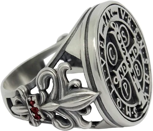 Miniatura 3 de Anillo de mujer de plata de ley 925 con medalla de San Benito, Fleur de Lis