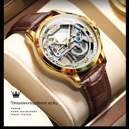 Miniatura 5 de OLEVS Relojes mecánicos automáticos para hombre, reloj esqueleto, impermeable, correa de cuero marrón, negro, oro rosa, relojes de pulsera