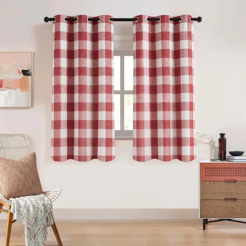 Miniatura 18 de Cortinas cortas de lino texturizado con diseño de búfalo blanco y negro a cuadros, 100% opacas con forro, paneles de estilo granja