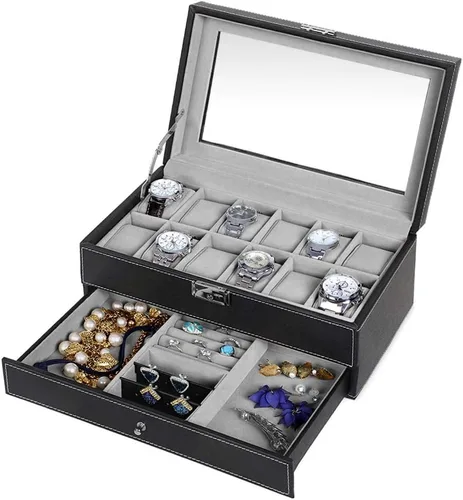 Miniatura 5 de Maverton Organizador de exhibición de relojes para hombres 12 ranuras Elegante caja personalizada para hombre Estuche para coleccionista Soporte