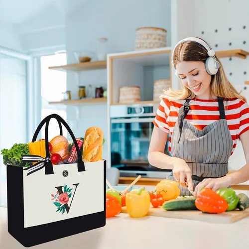 Miniatura 83 de Bolsa de lona con inicial, regalos de cumpleaños personalizados para mujeres, madres, amigas y profesoras, bolsas de mano con monograma adecuadas