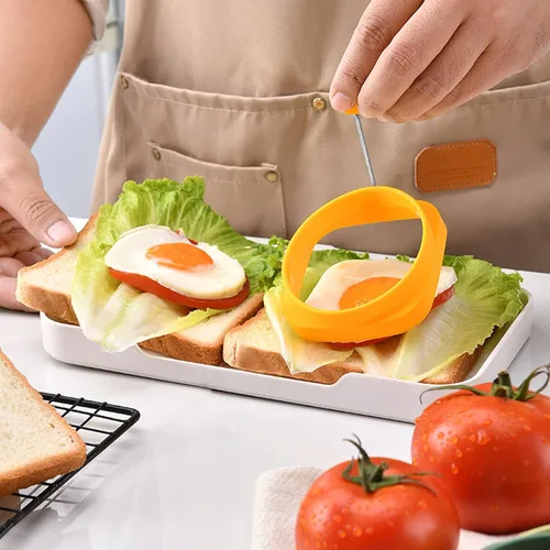 Miniatura 3 de Fdit Anillos de silicona para freír huevos, paquete de 5, cuadrados y redondos de doble cara, mango de aislamiento térmico, grado alimenticio